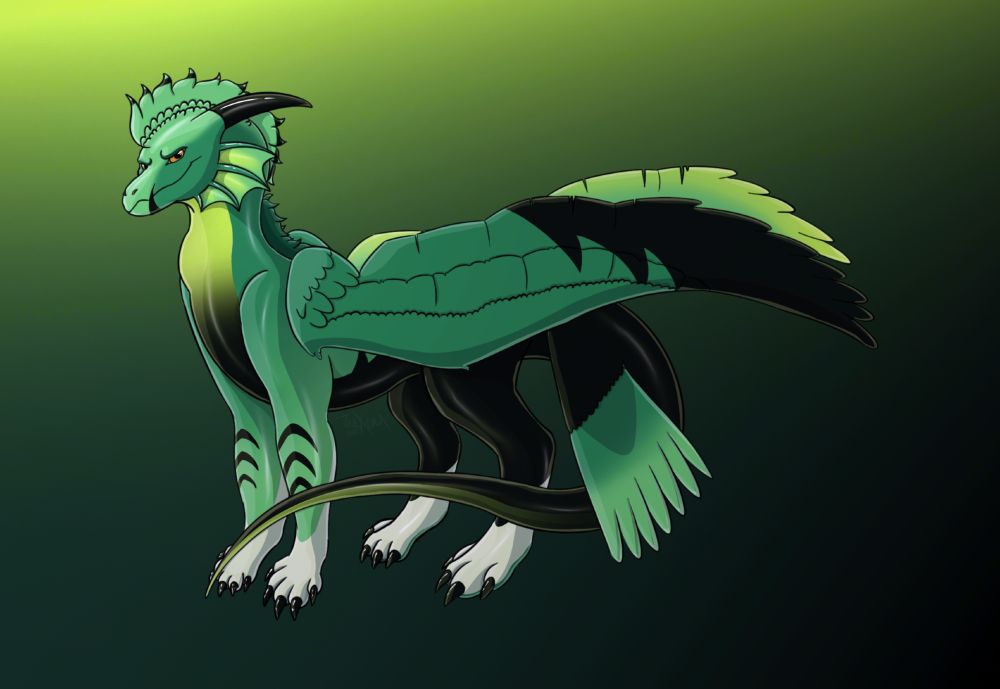 Fullbody drawing of a dragon with several shades of green.