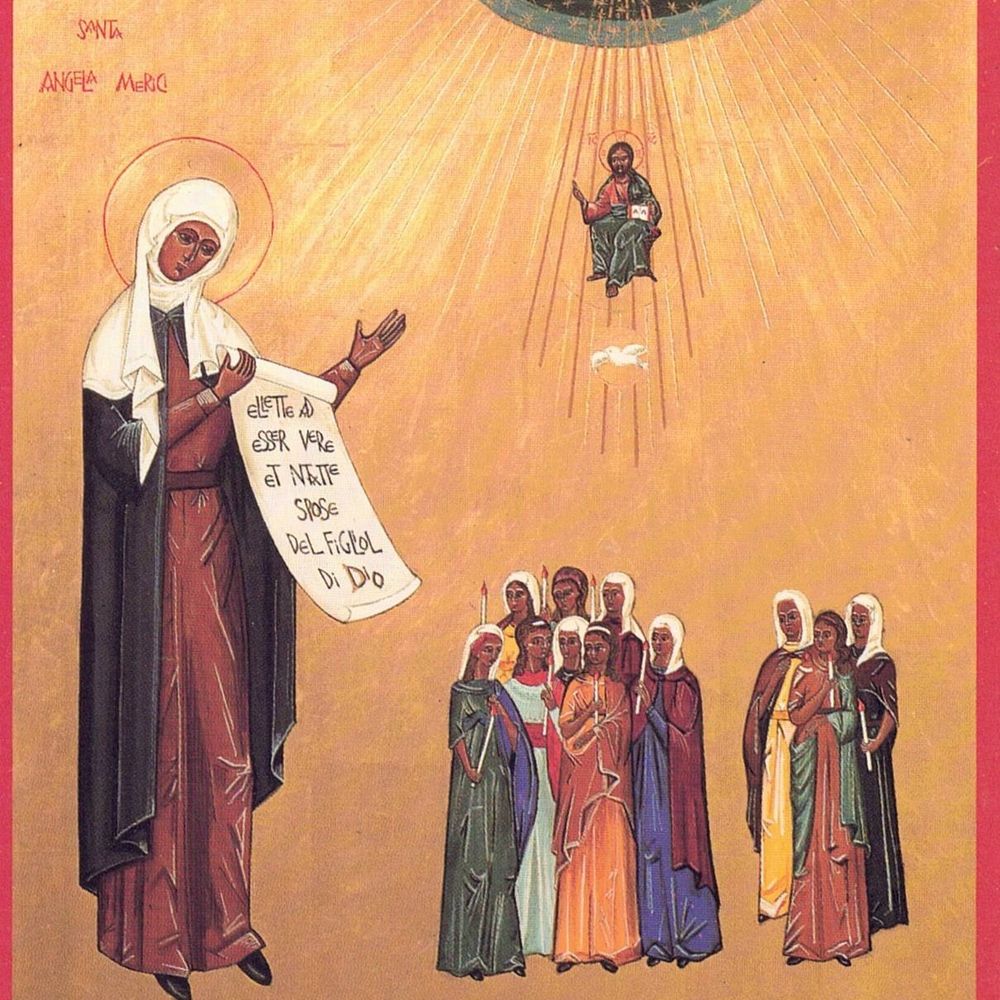 Icône de Sainte Angèle révélant sa Règle à ses compagnes, par Sœur Anna Rosa Porro, 1990.
Référence : SAM_286
