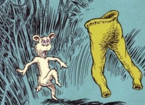 A typical Seussian illustration of a yellow bear-type creature being terrorized by a pea-green pair of pants that are inflated or filled with an invisible eldritch entity possessing distinct buttcheeks. 