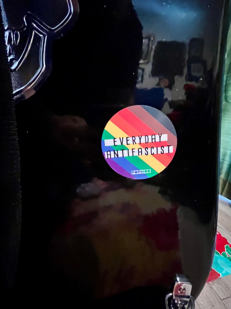 A close-up of the round rainbow sticker on the black cello case. The text reads “Everyday Antifascist”.