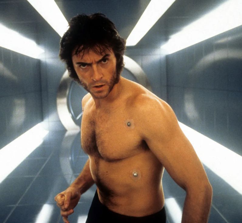 A picture of a moderately muscular shirtless Hugh Jackman from the first XMen movie