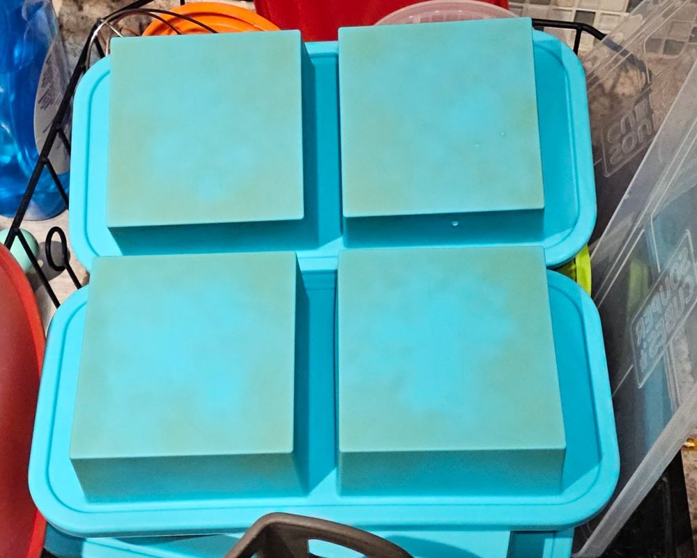 Two 2-cup teal silicone Souper Cube trays, facedown in a dish drainer. The silicone is stained from tomato sauce after I made lasagna.