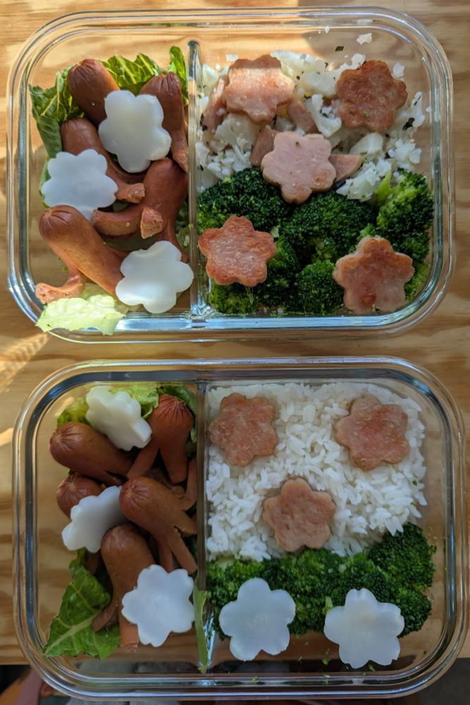 Two bento with tako-san weiners, broccoli, rice, and cauliflower and spam cut out to look like cherry blossoms. 