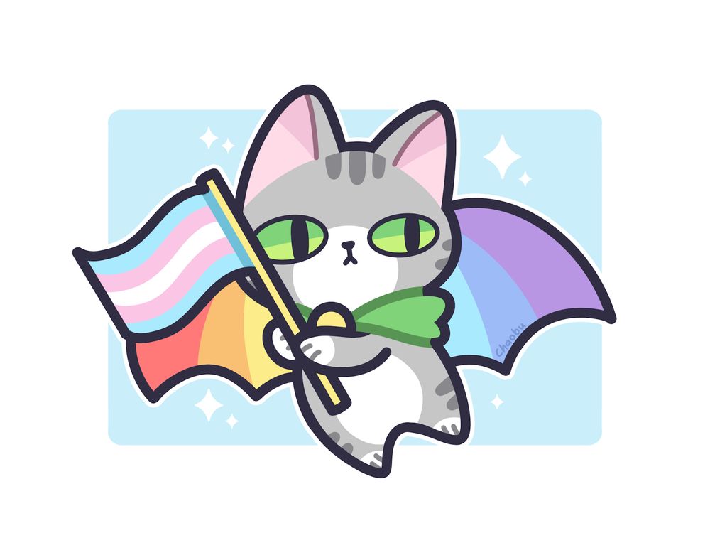 Drawing of a Gaelicat from FFXIV with rainbow instead of green wings and carrying a small trans flag