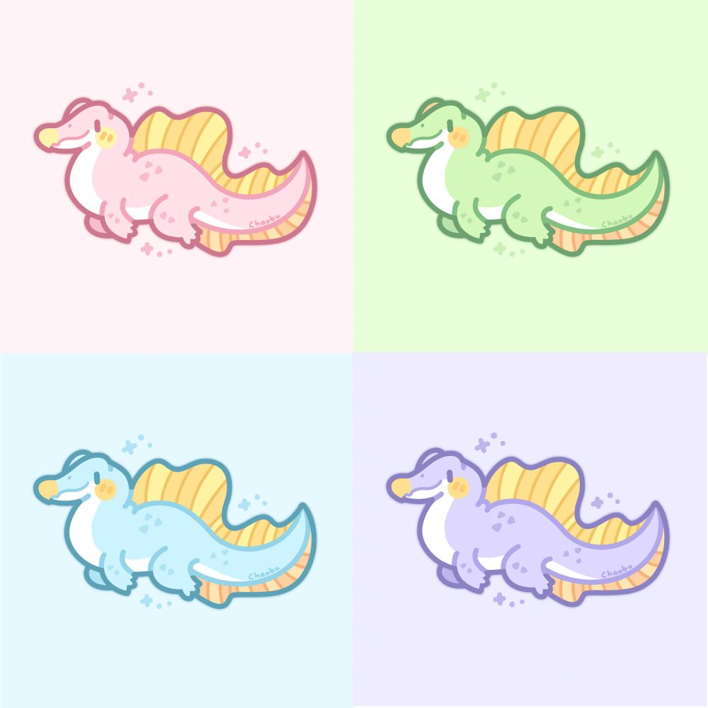 Digital drawing of a spinosaurus in four color palettes (pink, green, blue, and purple)