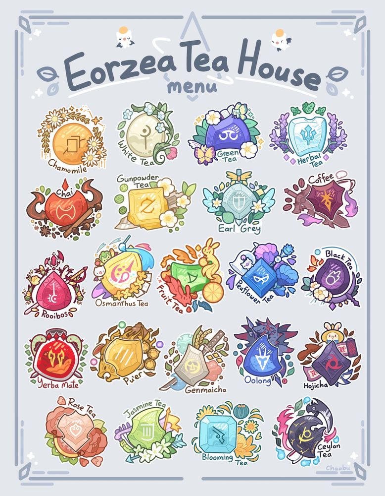 A poster of all my FFXIV Soul Crystal Tea Labels.  Upper text reads "Eorzea Tea House menu" with some moogles around it and an aetheryte behind it.