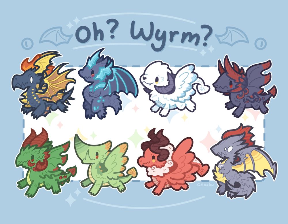 Digital drawing of Migardsormr, Bahamut, Hraesvelgr, Nidhogg, Tiamat, Vrtra, Azdaja, and Shinryu with the text "Oh?  Wyrm?"