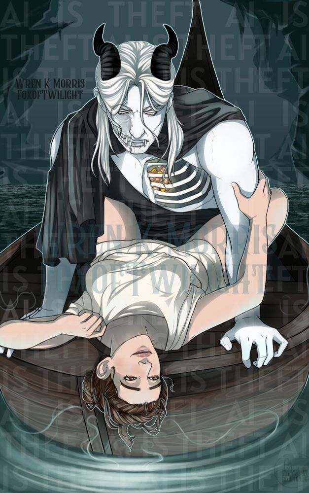 Charon, ferryman of the underworld, leans over a woman of ancient Greece on the edge of the ferry. The scene is from Fooling the Ferryman by Wren K Morris in the Monsters in Love: Lost in the Underworld Anthology. Art by FoxOfTwilight.