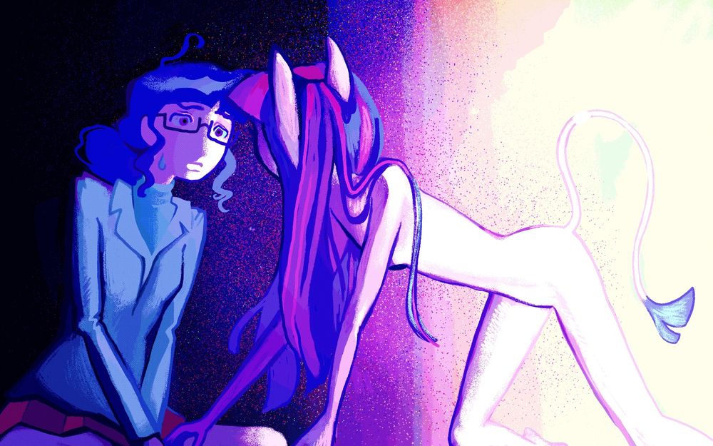 SciTwi from the Equestria Girls universe sits on her knees, looking uneasy. She stares at Other Twilight, crawling out from a blinding light and towards her.