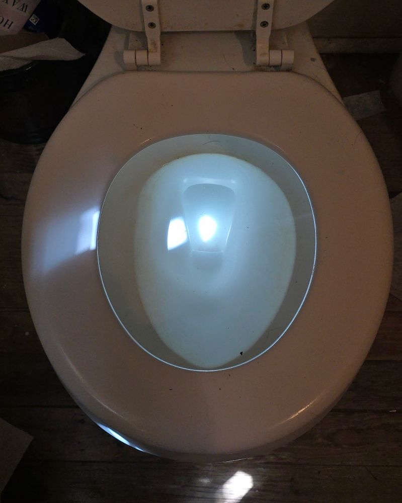 An overhead view of a toilet bowl, dimly light, with a ray of sunlight from one side and a bright illuminated spot in the middle of the center drain 