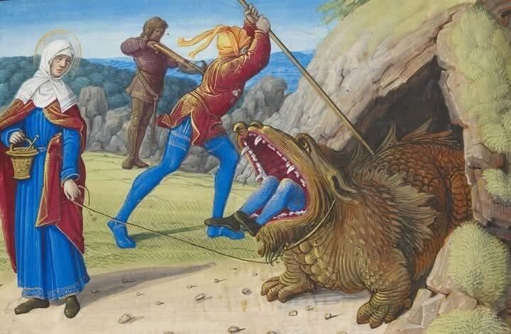 A medieval painting of a dragon swallowing a person with the legs still hanging out of its mouth, a knight stabbing it with a pike and another aiming a crossbow, while a female figure stands to the side holding it by a leash