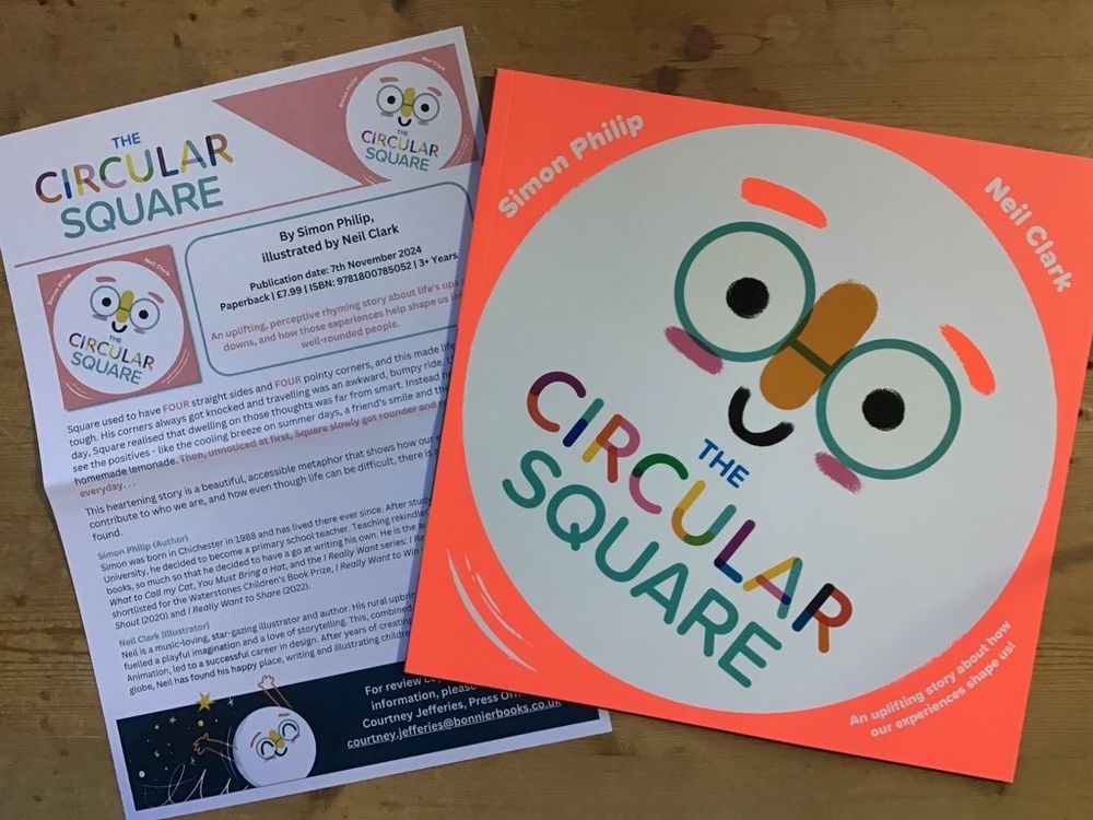 Copy of The Circular Square by SimonPhilip and Neil Clark showing a large, jolly face in the shape of a circle together with the book’s press release.