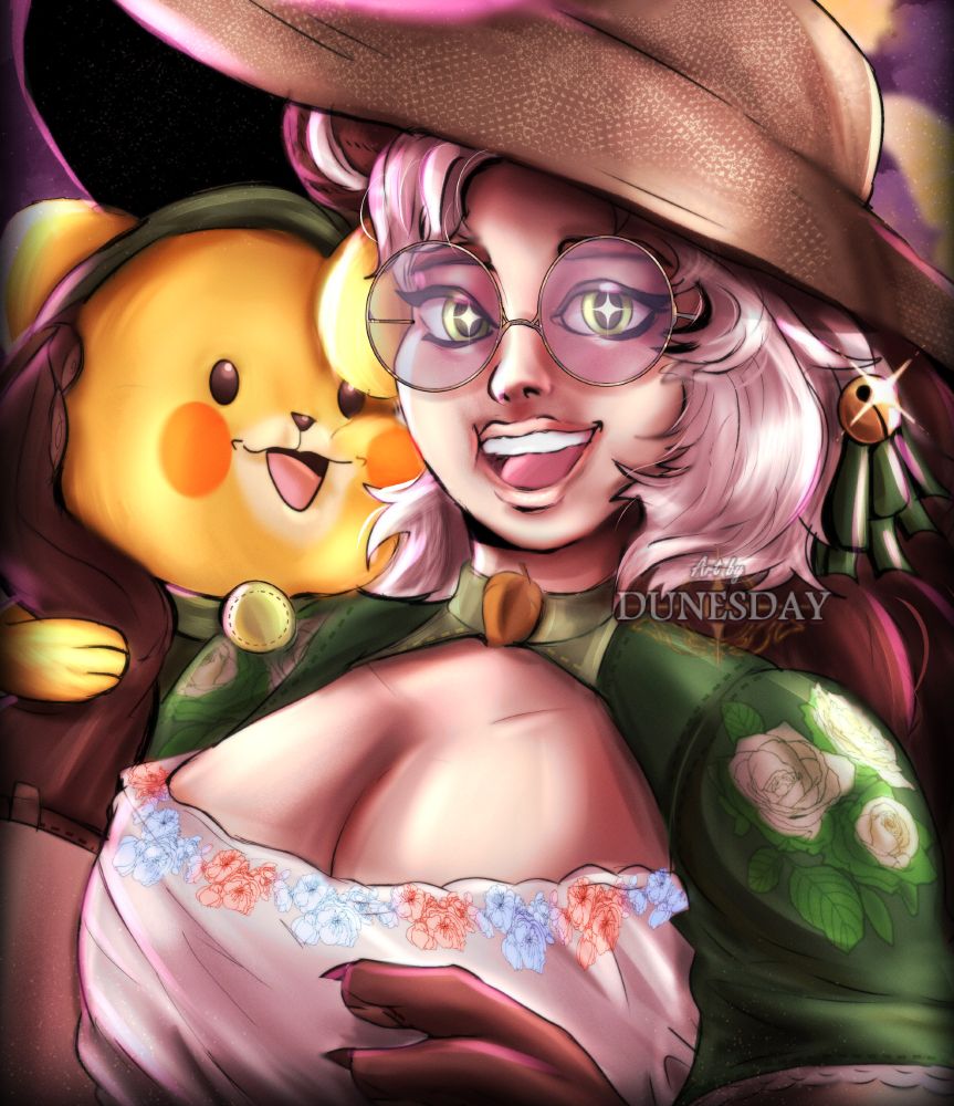 Bust portrait of a druid like woman character, Mari! and her teddy called Buttons!