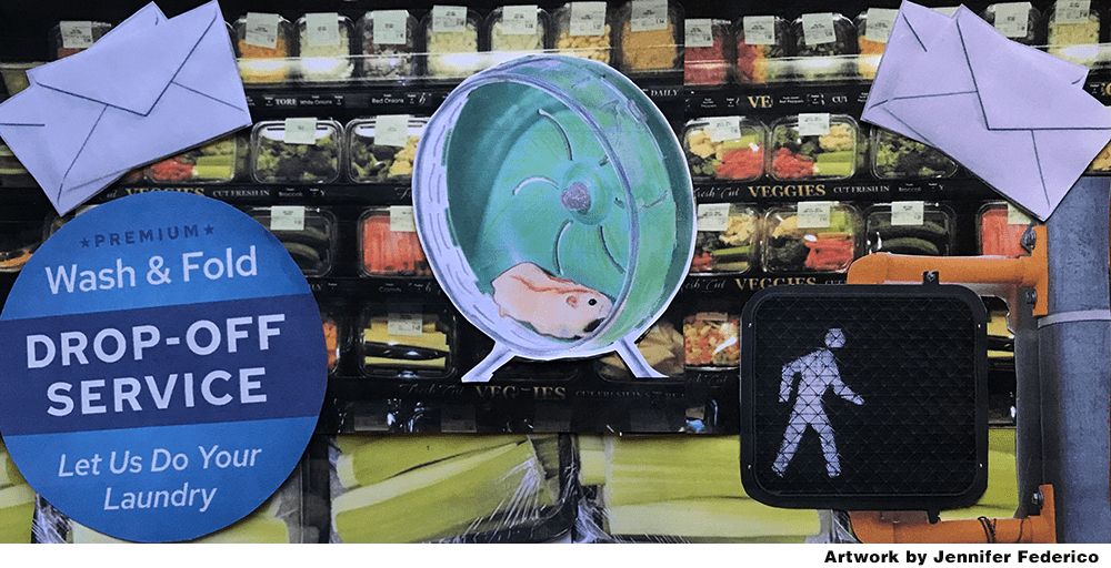 A collage with a couple of things. A sign saying "Wash & Fold Drop-off Service. Let us Do your Laundrey". a hamster on a hamster wheel and a crosswalk sign. Artwork by Jennifer Federico.