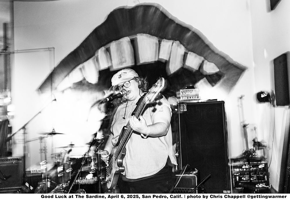 Ginger from Good Luck playing bass in front of some scary teeth.
Good Luck at The Sardine, April 6 2025, San Pedro, Calif. | photo by Chris Chappell @gettingwarmer