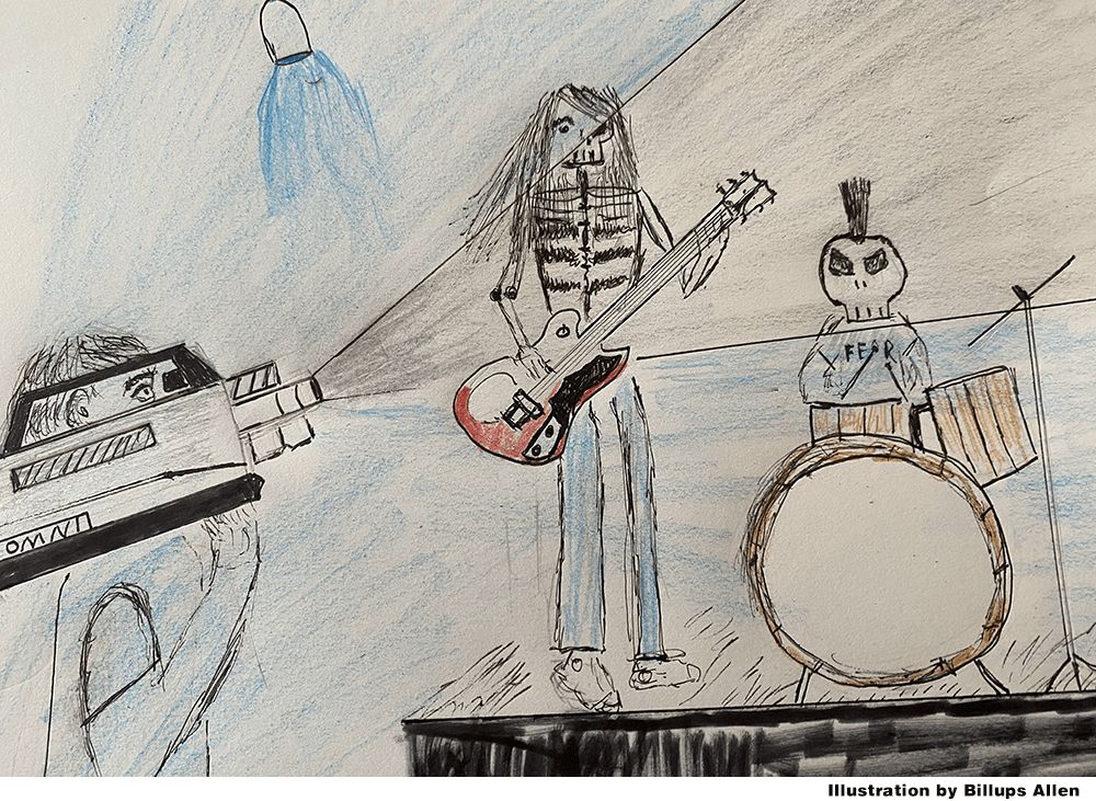 A doodle of a camera man shooting some skeletons playing in a band. Illustration by Billups Allen
