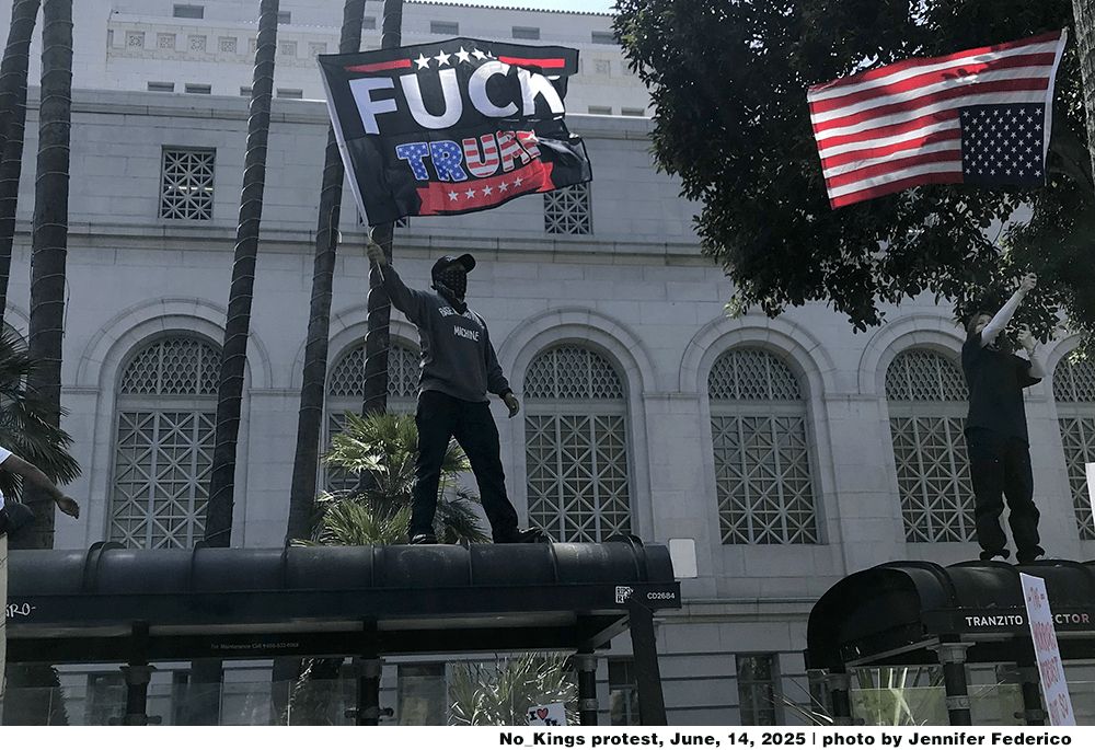 A person on an awning holding a "Fuck Trump" flag. 
No Kings protest, June 14th, 2025 | photo by Jennifer Federico