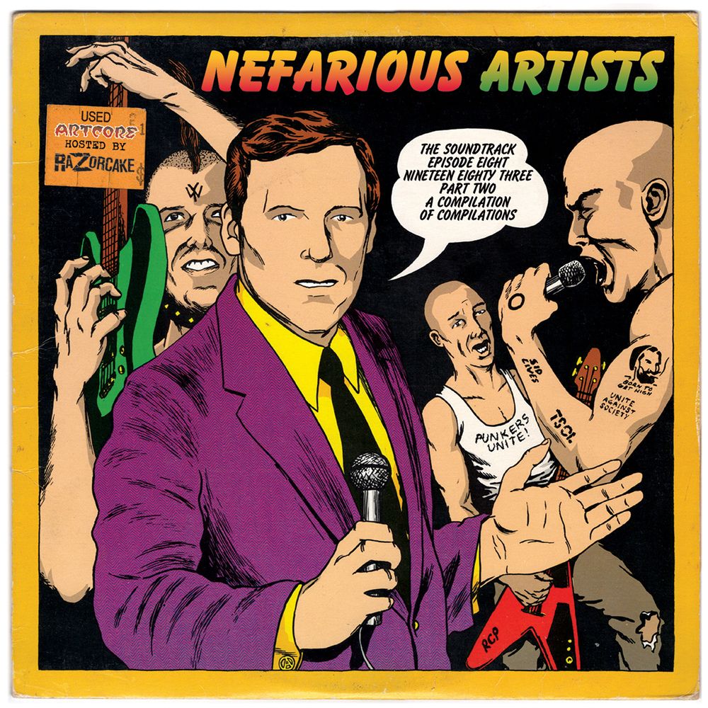 An old pop art cover with a reporter standing in front of punks and he's saying "The soundtrack episode eight nineteen eighty three part two of compilations of compilations. 