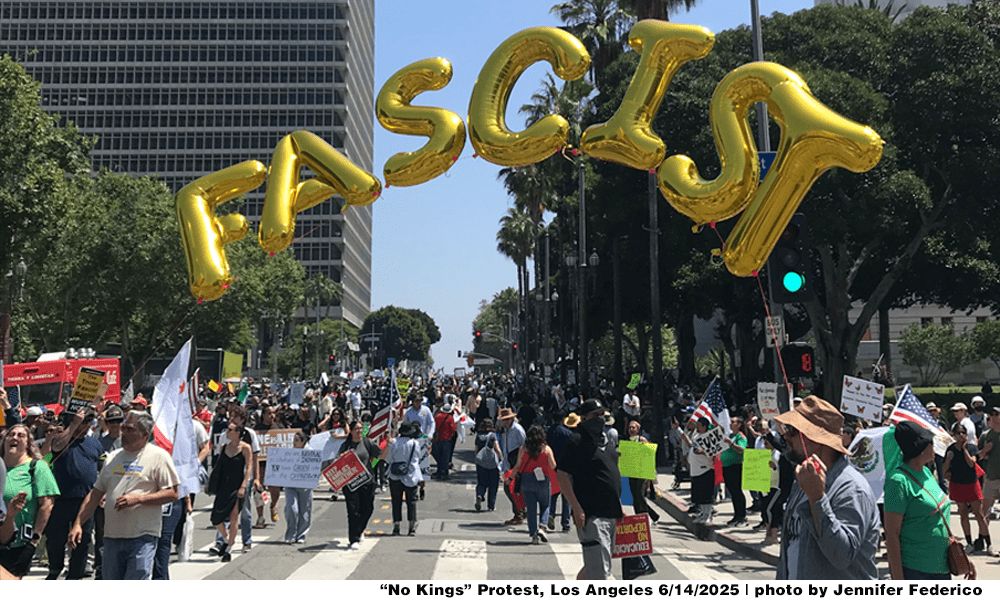 A giant gold balloon set that says FASCIST.
"No Kinds" Protest, Los Angeles 6/14/2025 | photo by Jennifer Federico