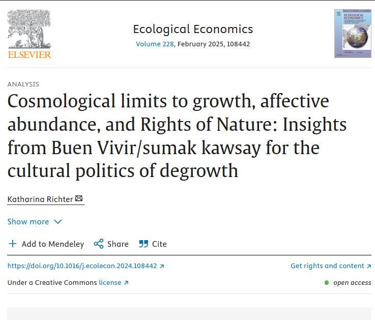 A screenshot of the journal article, published in Ecological Economics and titled Cosmological limits to growth, affective abundance, and Rights of Nature: Insights from Buen Vivir/sumak kawsay for the cultural politics of degrowth