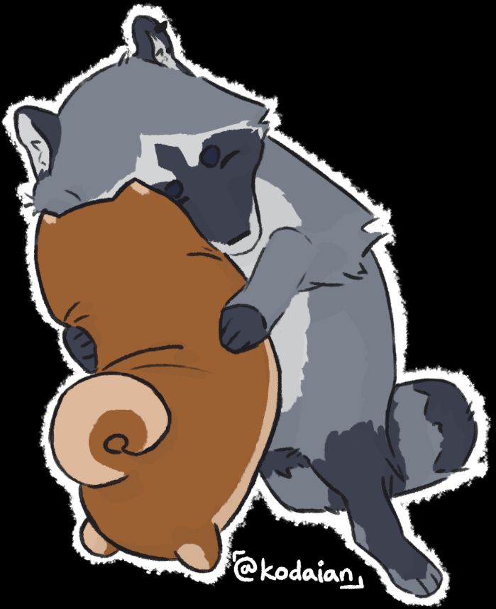 A digital drawing of a raccoon hugging a shiba inu plushie
