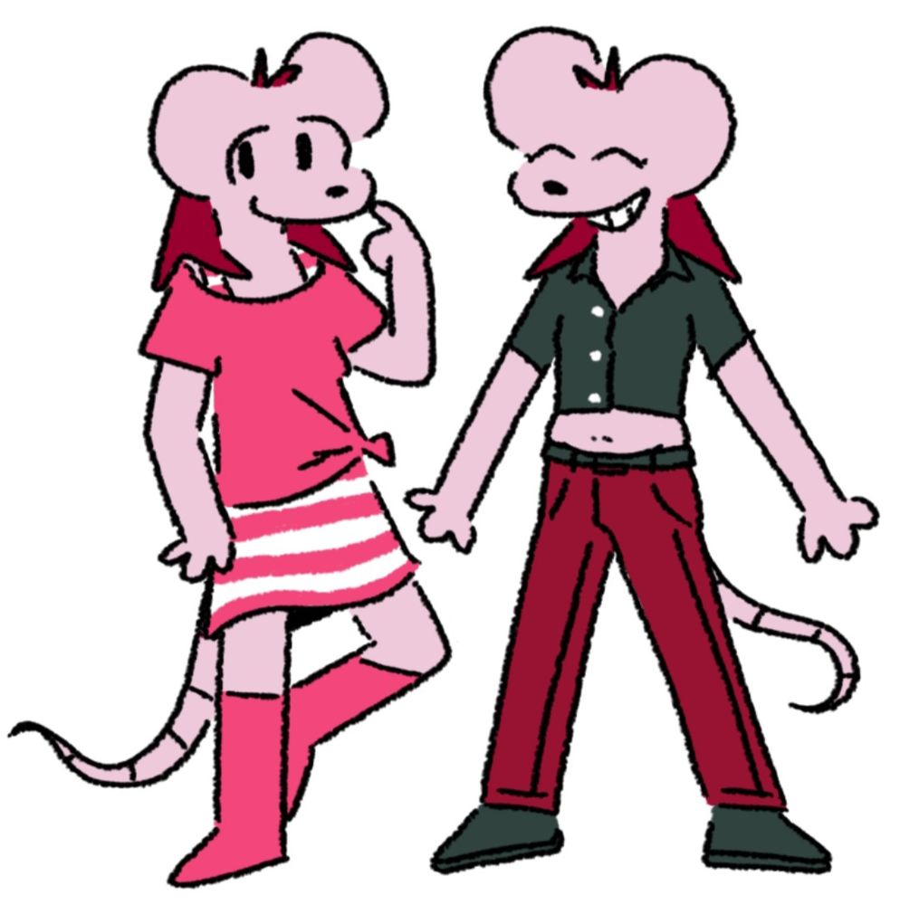 me (mouse) in 2 diffrent fits.. 1. im all pink n stuff and got a striped skirt. 2. i got red pants and some sort of shirt