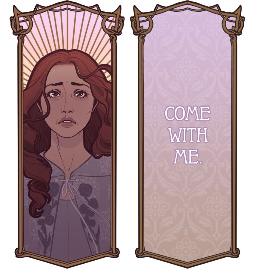 charm design for alicent hightower from house of the dragon. on the left is a portrait of her for the front side in an art nouveau inspired frame. the frames shape is inspired by rhaenyra’s crown from the show. alicent is a human woman with red hair and a blue dress and light floral pattern cloak. her expression is like a sad puppy and her big brown eyes are full of tears that havent fallen. the background is the colors of dawn. there are gold sunbeams radiating from behind her head. these, along with the frame, will be gold foil when the charm is produced.
on the right is the back side of the charm. its shaped the same as the front and has the same sunrise colors with a pretty floral pattern overlay. there is text that reads: “Come with me.”