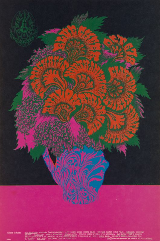 Affiche Psychedelique, Bouquet dont les fleurs figurent les noms des artistes en écriture tres stylisée (Blue Cheer, Lee Michaels,Clifton Chenier)
