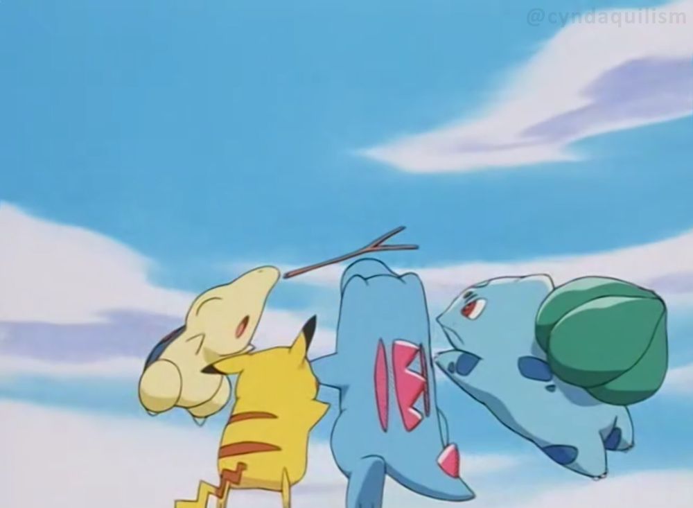 Cyndaquil, Pikachu, Totodile and Bulbasaur trying to catch a stick in an Anipoke episode.