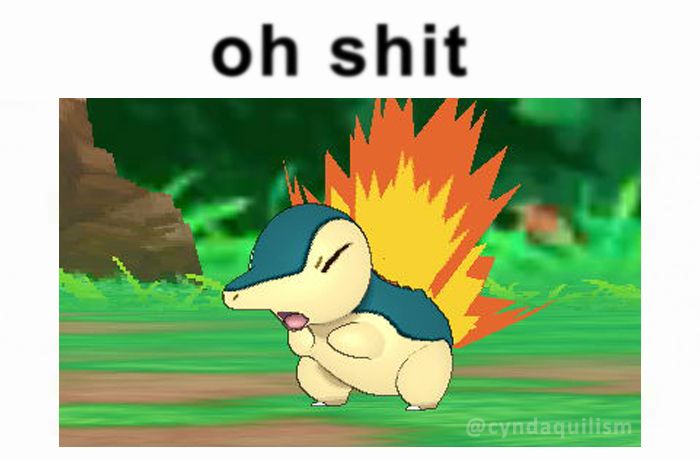 Angry 3D Cyndaquil ingame and the text "oh shit".