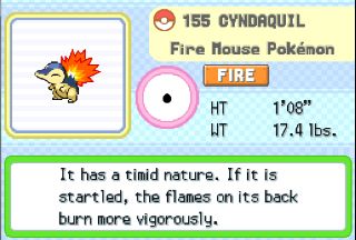 Cyndaquil Pokédex entry, which says "It has a timid nature. If it is startled, the flames on its back burn more vigorously." and the sprite of Cyndaquil itself.