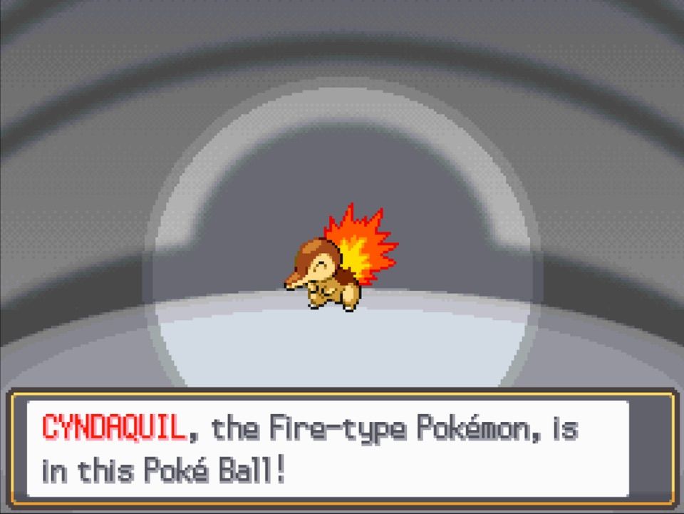 Shiny Cyndaquil in Heartgold/Soulsilver in the starter screen and the text "CYNDAQUIL, the Fire-type Pokémon, is in this Poké Ball!