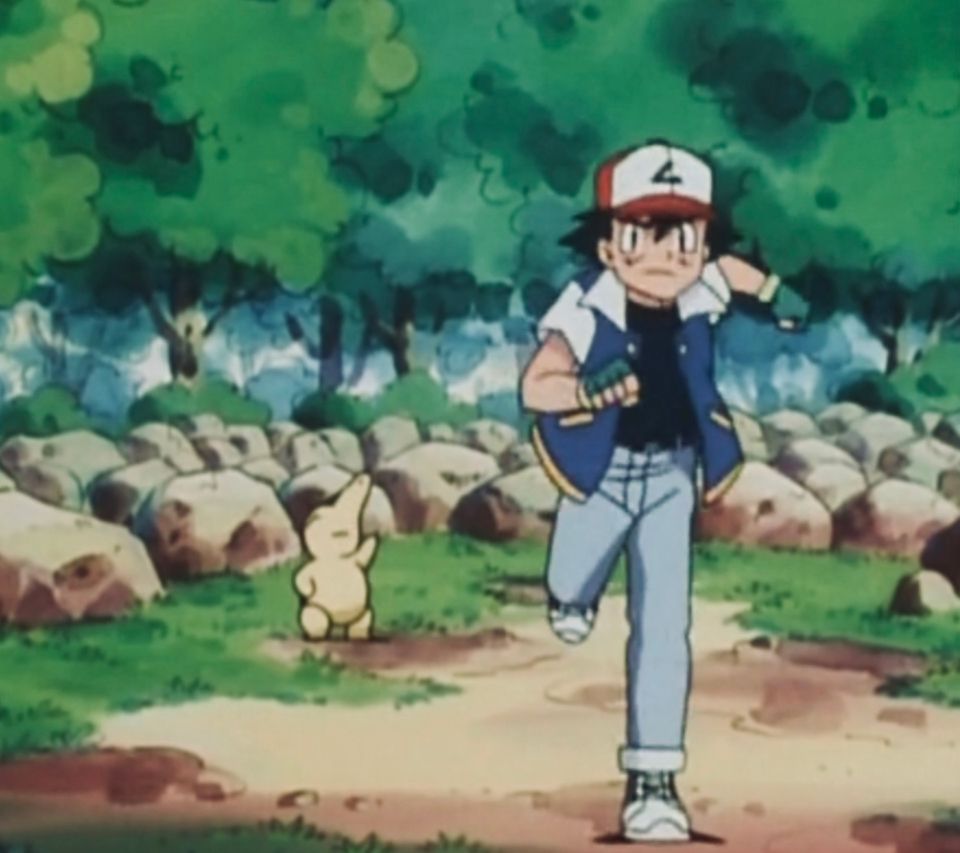 Ash running and Cyndaquil cheering him in the background.