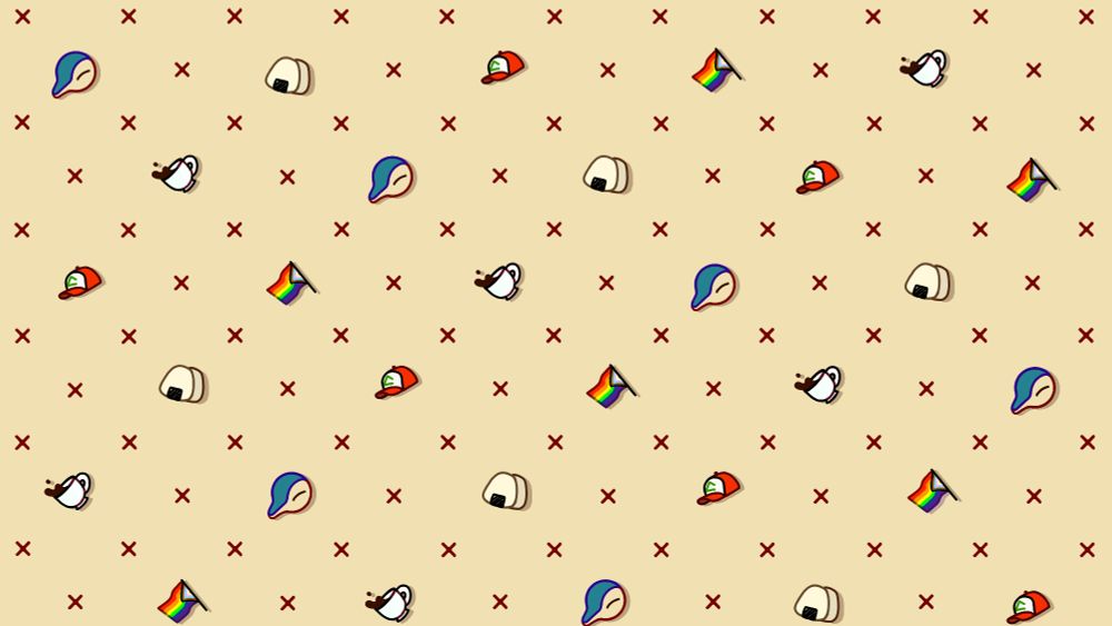 Cyndaquilism's official banner: a pattern with a Cyndaquil head, onigiri, Ash Ketchum's cap, the rainbow flag and a cup of coffee.
