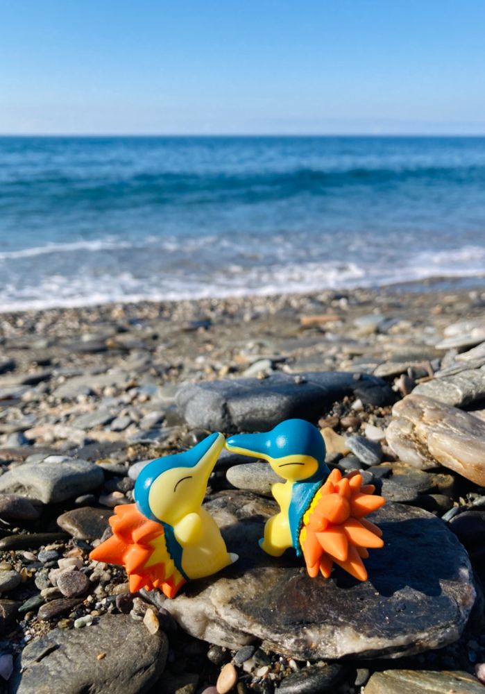 Two little Cyndaquil figurines on the beach.