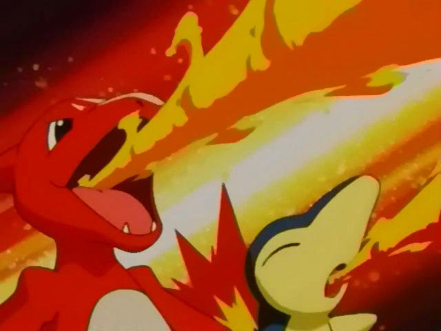 Charmeleon and Cyndaquil using flamethrower in anime.