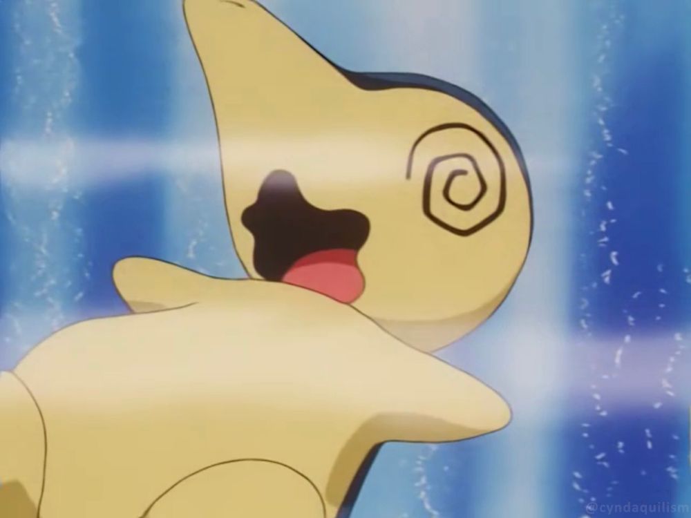 Dizzy anime Cyndaquil lying on an ice floor.