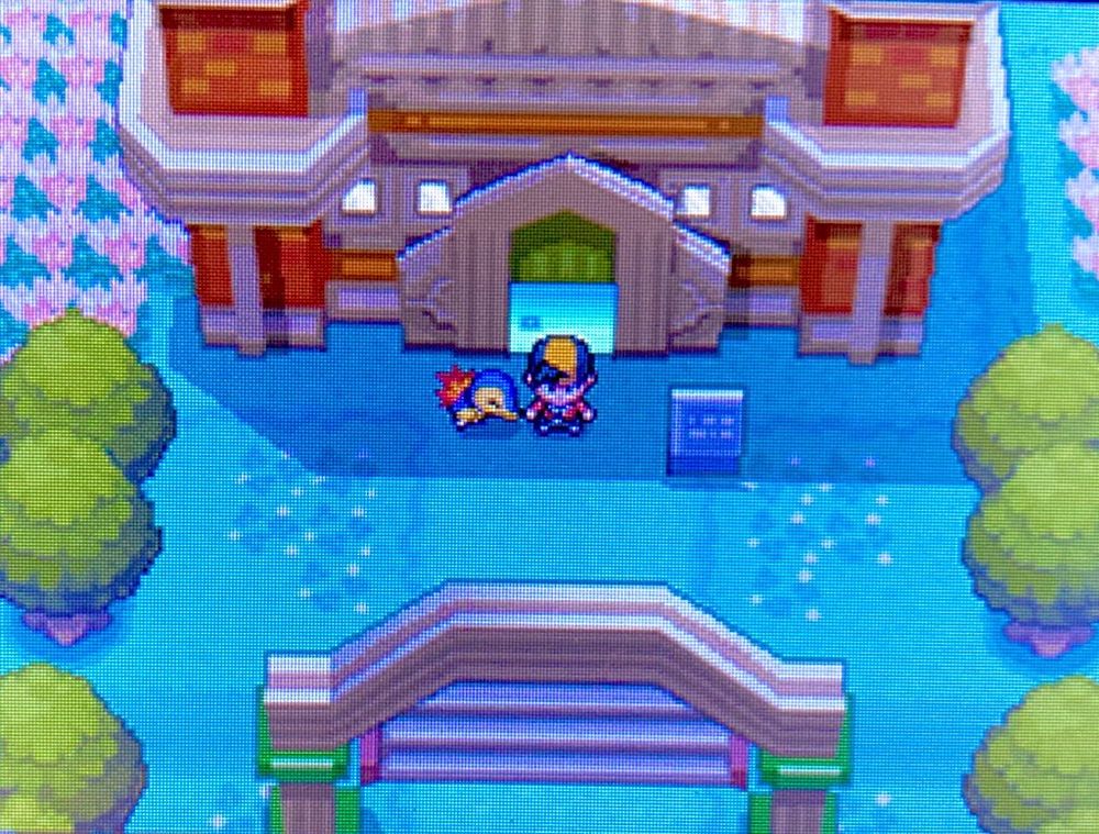 Ethan and Cyndaquil in front of the Pokémon League in Pokémon Soulsilver.