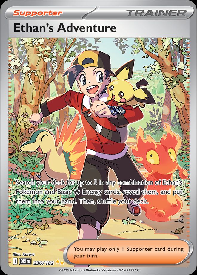 Super cool art from Pokémon TCG last collection, in which Ethan's running with his Pichu, Slugma, and Cyndaquil so chubby, gordito, fofinho.