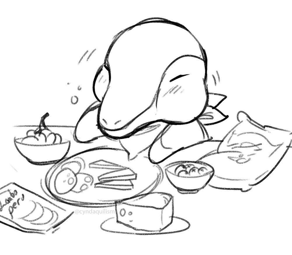 Original black and white sketch of myself as a big Cyndaquil having my dinner uwu