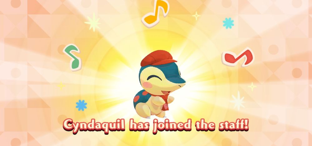 Pokémon Café Cyndaquil with a cute hat and the text "Cyndaquil has joined the staff!"