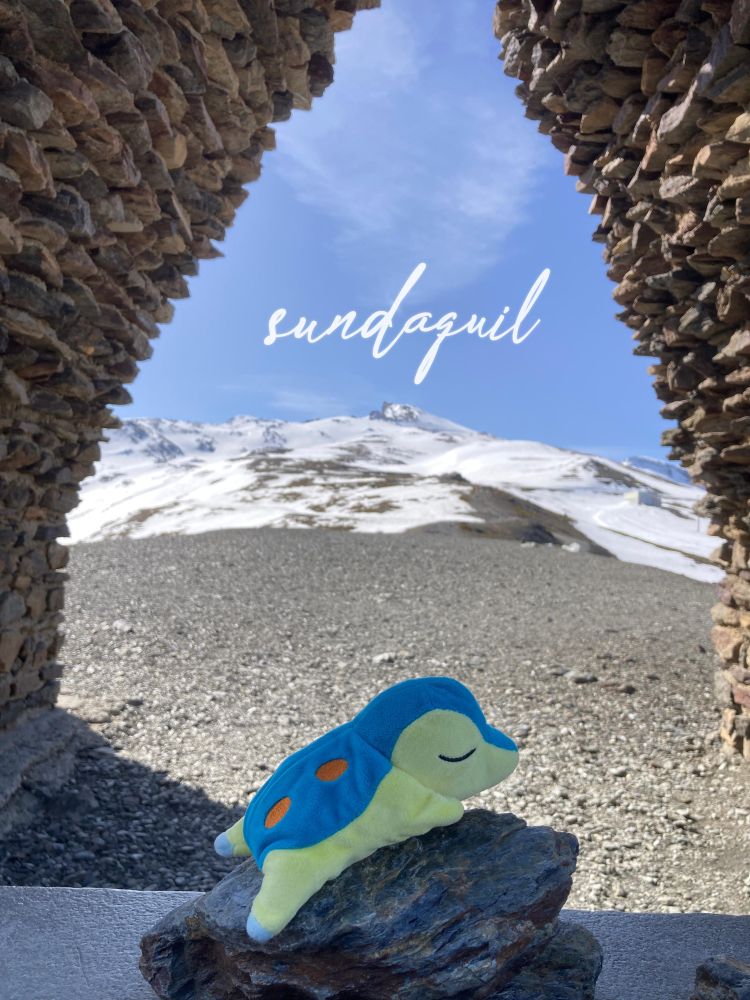 My little Cyndaquil plushie chilling on a snowy mountain, celebrating Sunday.