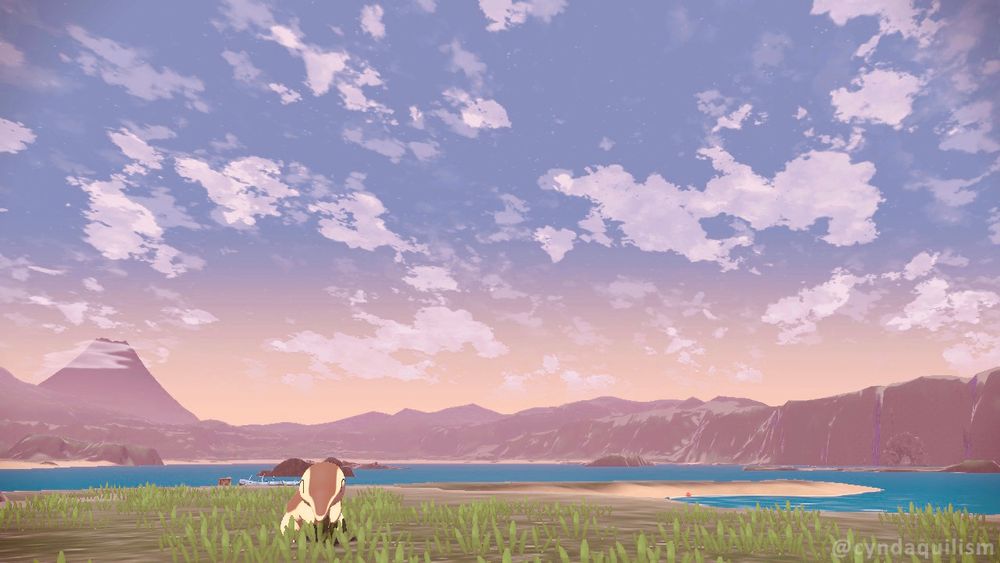 Screenshot from Pokémon Legends Arceus, a Cyndaquil stands in the middle of a plain with the huge Mt. Coronet in the background and a beautiful sky.
