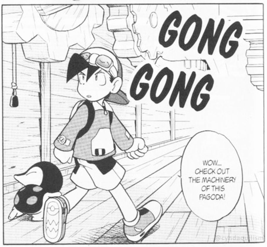 Panel from the Pokémon manga, Ethan is travelling through the Bellsprut Pagoda with his Cyndaquil grabbing his shoe and saying "Wow... Check out the machinery of this pagoda!"