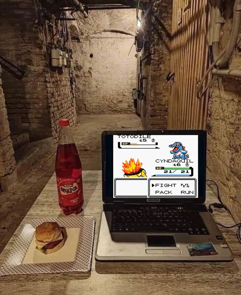 A horrifying and creepy basement and a desk, on the desk we see a burger, some soda I guess, and a laptop in which someone is playing Pokémon Gold/Silver.