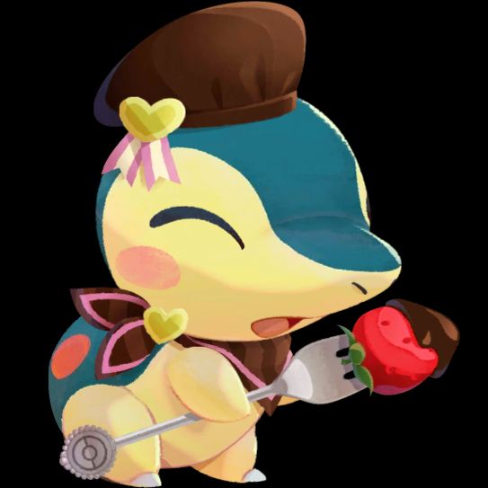 Cyndaquil in Pokemon Cafe Remix with a cute barista hat, a kerchief and a fork with a pricked strawberry with chocolate.