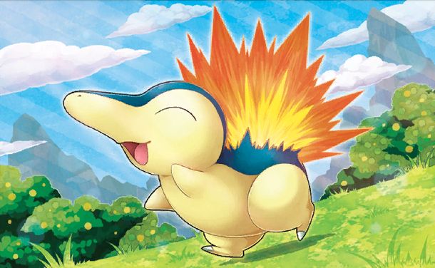 TCG Art of a happy Cyndaquil in a meadow.