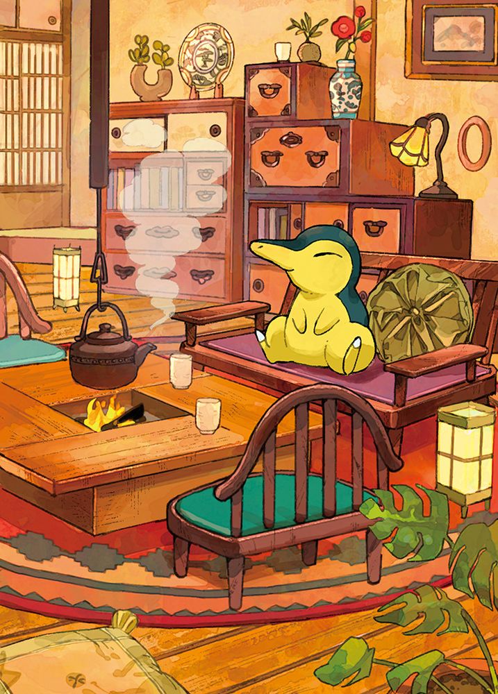 Official Cyndaquil art, chilling and happy in a traditional japanese living room, sitting on a kind of sofa close to a boiling kettle.
