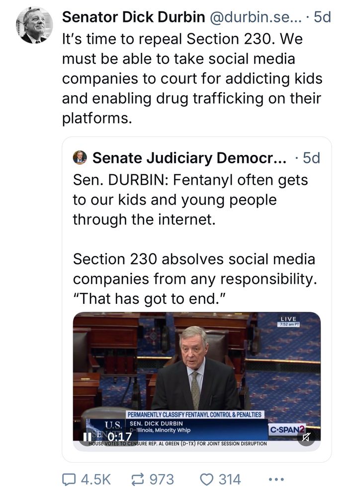 Durbin’s ratio’d Bluesky post from last week re: Section 230 where he received 4.5k comments and 314 likes 