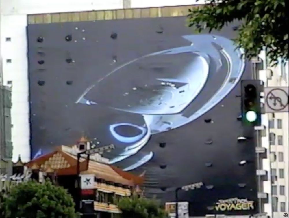 Close up of Star Trek Voyager ad on side of building in March 1995 